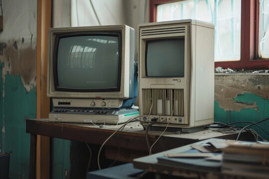 Two old computer towers sit on a table, Old computer tower with a dial-up modem - Powered by Adobe