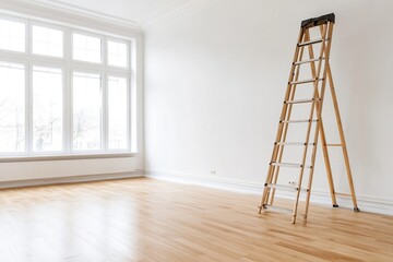 A serene and modern interior featuring a wooden ladder against a minimalist wall and large windows allowing natural light.