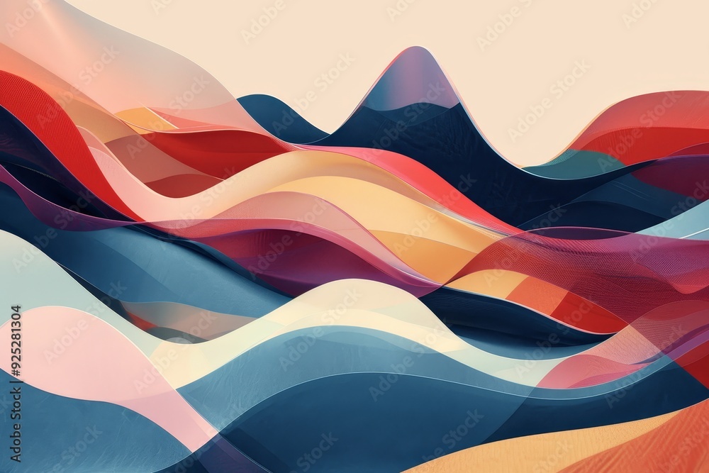 Poster multicolored abstract art with flowing wavy lines on canvas, organic shapes and flowing lines in a c