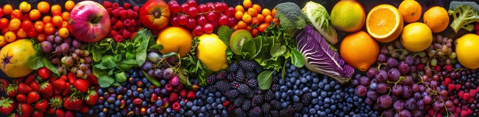 A vibrant display of assorted fruits and vegetables arranged in a colorful gradient