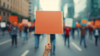 Close-up of a protest sign held high during a demonstration in an urban setting, with a blurred crowd of protesters in the background.