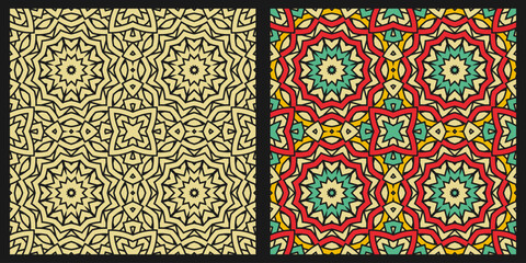 Seamless monochrome pattern with ethnic ornament and its color version. Vector illustration