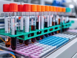 Close-up of blood samples in test tubes in a laboratory setting, used in medical research and diagnostics.