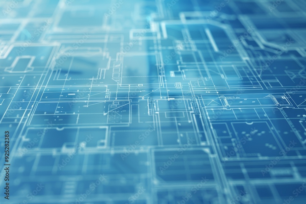 Poster abundant lines overlay a deep blue backdrop in a blueprint design, overlay of transparent layers dis