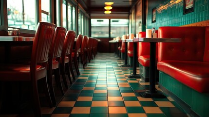 Cozy diner interior featuring vibrant red seating and a classic checkered floor, perfect for an inviting dining atmosphere.