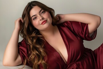 Fototapeta premium Burgundy Nightgown Plus-Size Fashion Model Pose. Concept about lifestyle and body positivity