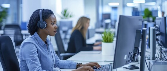 Call center representatives working diligently at their desks with dual monitors and headsets in a bright and organized office setting