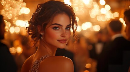 An elegant winter ball with guests in formal attire and a beautifully decorated venue