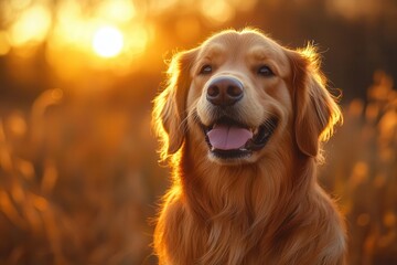 Obraz premium majestic golden retriever in sunlit park soft fur glistens capturing warmth and friendliness playful pose suggests loyalty and energy bokeh effect in background enhances focus on the dog