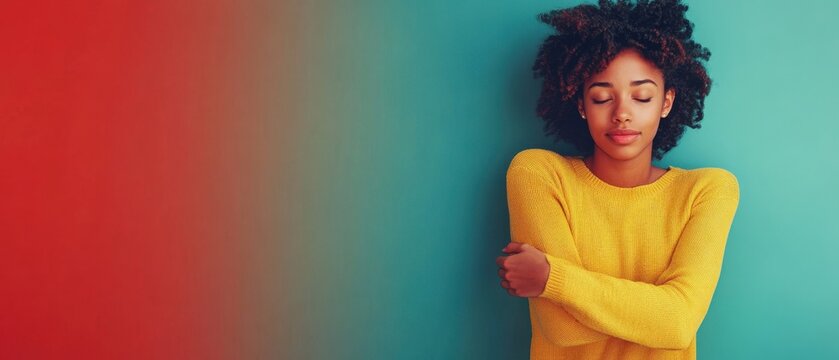 Person holding themselves with a content expression set against a bold solid color background symbolizing self-compassion and tranquility