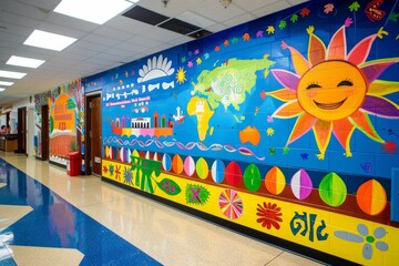 A school hallway adorned with a vibrant mural celebrating linguistic diversity, Paint a mural celebrating the diversity of languages spoken in a school setting