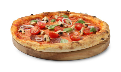 Delicious pizza with salami, tomatoes, mushrooms and basil isolated on white