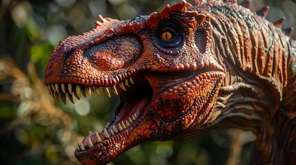 Closeup of a predatory red dinosaur head with pointed fangs