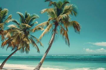 Two palm trees stand on a sandy beach with the ocean in the background, Palm trees swaying in the ocean breeze