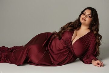 Burgundy Nightgown Fashion. Lush Model Studio Shoot. Concept about lifestyle and body positivity © cochisevisuals