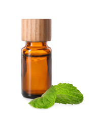 Bottle of essential oil and mint isolated on white