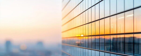 Close-up of a reflective glass building with sunset colors, symbolizing innovation and progress in a futuristic urban business setting, Innovative architecture, Urban progress