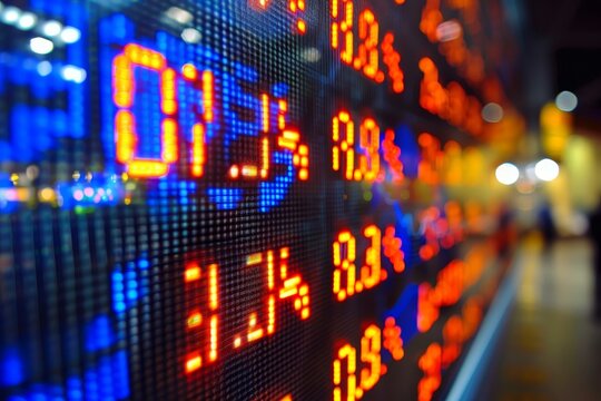 Detailed view of bright electronic numbers displayed on a screen, Participating in stock market simulations to practice trading strategies