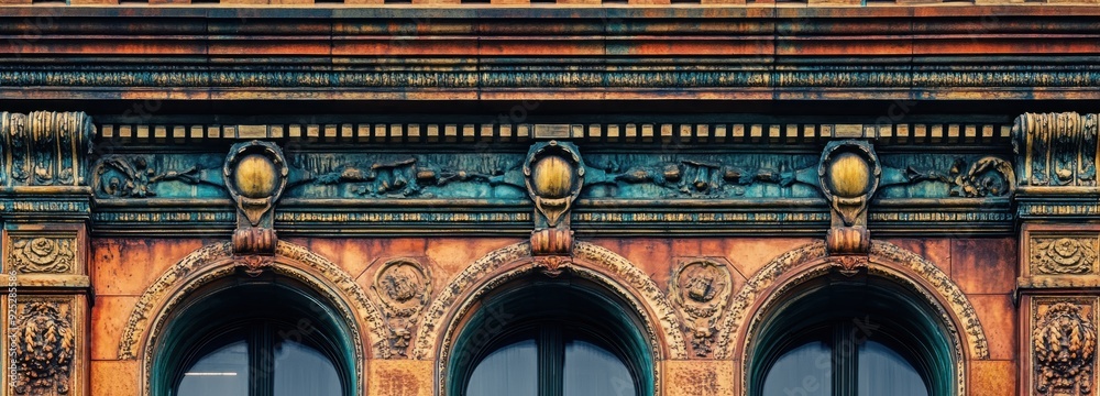 Poster Ornate Brick Building with Arched Windows and Intricate Detailing