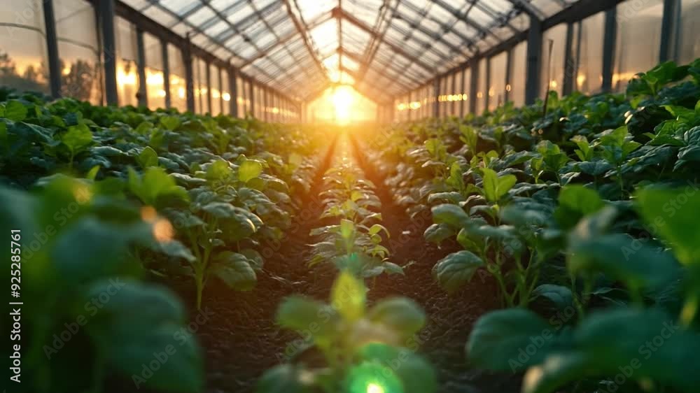 Poster green plants thrive in neat rows inside a greenhouse, illuminated by the warm glow of a setting sun 