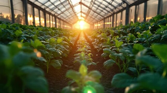 Green plants thrive in neat rows inside a greenhouse, illuminated by the warm glow of a setting sun in the background.