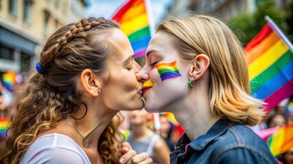 Close-up of proud lesbians kissing in a pride crowd