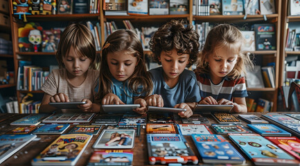 Four Kids Using Tablets in a Library Setting - Photo