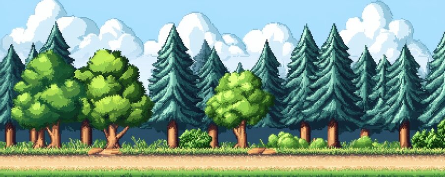 Colorful 8-bit pixel art forest scene, capturing the essence of nostalgic gaming environments