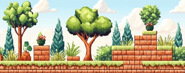 Colorful retro arcade game background with pixel art bricks and platforms in a minimalist design