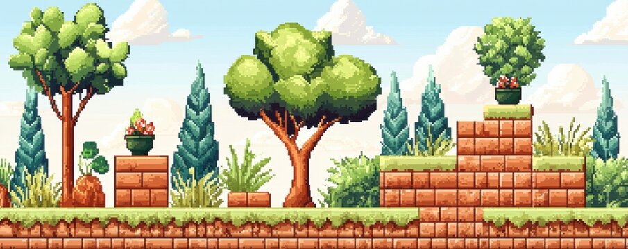 Colorful retro arcade game background with pixel art bricks and platforms in a minimalist design