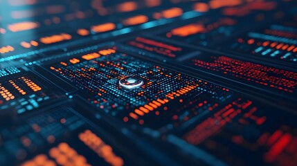 Obraz premium Futuristic digital circuit with glowing elements in blue and orange, representing advanced technology and data processing.