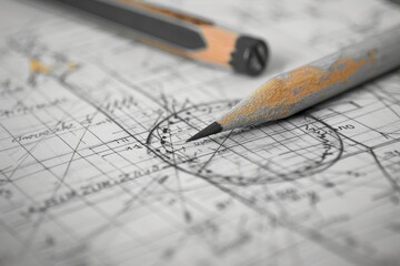 A pencil is positioned on a piece of paper with mathematical equations and geometric shapes, Pencil sketches of mathematical equations and geometric shapes on graph paper