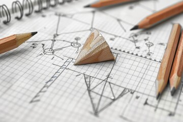 Various pencils scattered around alongside doodles of mathematical equations and geometrical shapes on a wooden table, Pencil sketches of mathematical equations and geometric shapes on graph paper