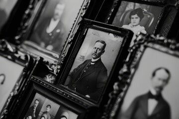 Collection of historic figures and vintage portraits displayed in frames, Pictures of historical figures and vintage black and white photographs displayed