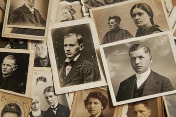 A grouping of vintage photographs featuring historical figures in black and white, Pictures of historical figures and vintage black and white photographs displayed