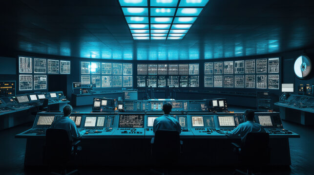 Interior of a nuclear power plant control room with engineers monitoring systems