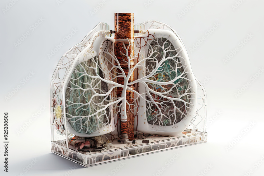Poster Artificial implant science concept with technological AI lungs on the circuit board.