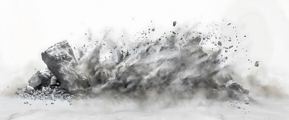 A large rock formation explodes into a cloud of dust and debris, creating a dramatic scene against a white background.