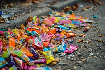 A collection of various brightly colored candy wrappers scattered on the ground, Piles of colorful candy wrappers and empty chip bags scattered on the ground