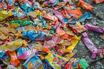 A pile of colorful candy wrappers and an empty chip bag on the ground, Piles of colorful candy wrappers and empty chip bags scattered on the ground