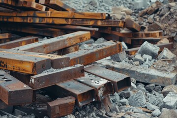 A pile of wood sits atop a stack of rubble made of steel beams and concrete blocks, Piles of steel beams and concrete blocks scattered around