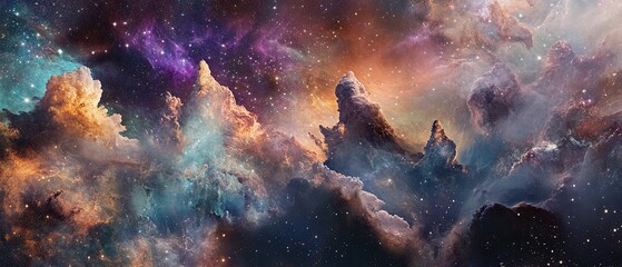 Fototapeta premium Abstract collage of ethereal sky and galaxy scenes featuring nebulae and stardust evoking a cosmic journey through space