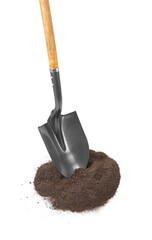 Metal shovel with wooden handle and pile of soil isolated on white