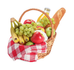 Picnic basket with food and drink isolated on white