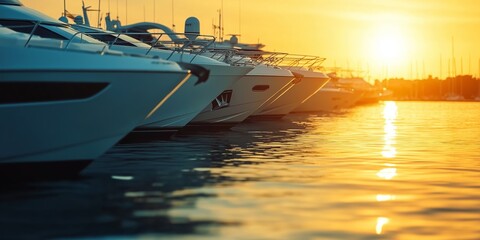 A row of yachts lined up on the water with the sun setting in the background, casting a golden glow over the scene.