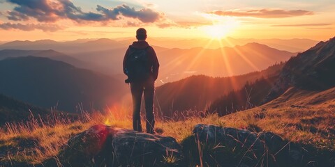 A person stands atop a mountain peak looking out towards the setting sun, surrounded by rolling hills and grassy plains.