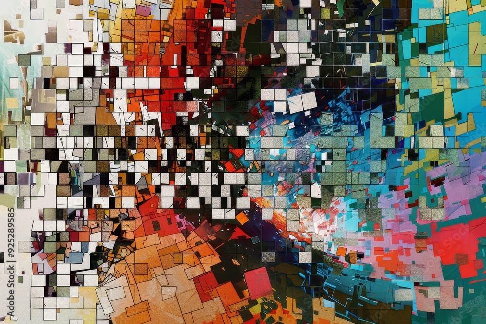 Poster abstract painting featuring squares and intersecting lines in a dynamic composition, pixelated fragm