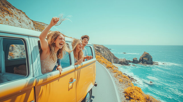 Joyful Friends on a Coastal Road Trip in a Vintage Yellow Van