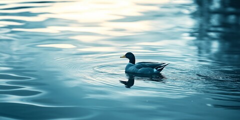 A lone duck glides smoothly across the serene blue waters of a lake, creating gentle ripples in its wake.