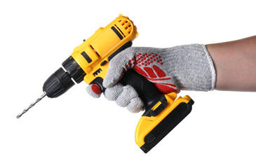 Man with cordless electric drill on white background